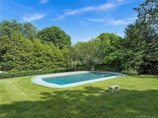 view of swimming pool featuring a yard