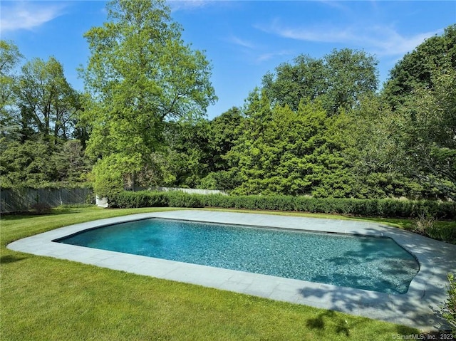 view of swimming pool featuring a lawn