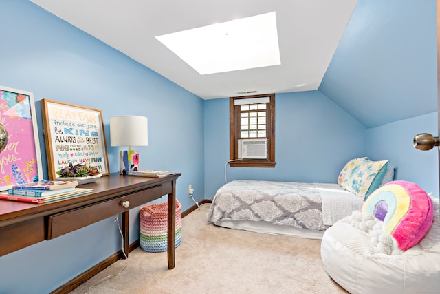 bedroom featuring vaulted ceiling with skylight, cooling unit, and light carpet