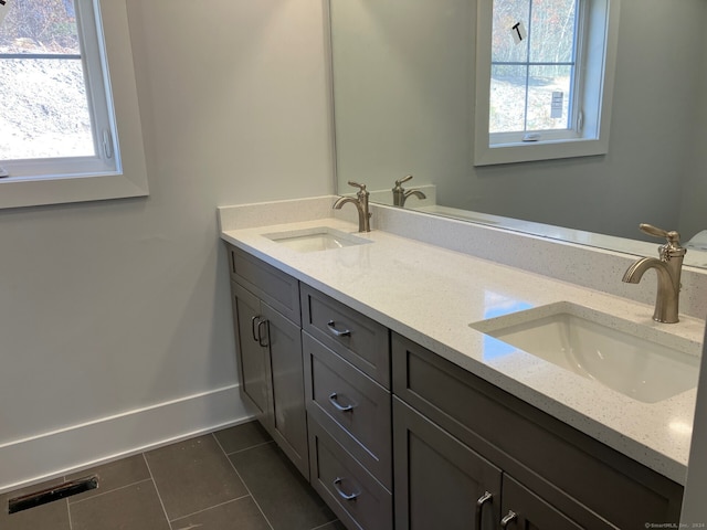 bathroom with vanity, a healthy amount of sunlight, and tile patterned floors