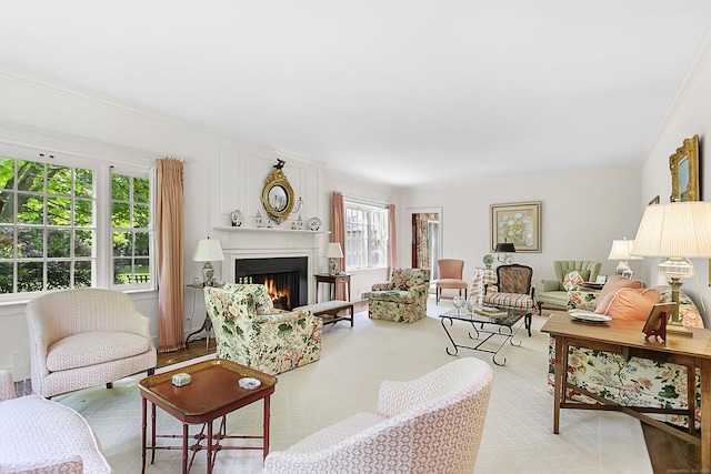 91 Open Gate Ln, Fairfield, CT 06890 - living area with a lit fireplace and crown molding