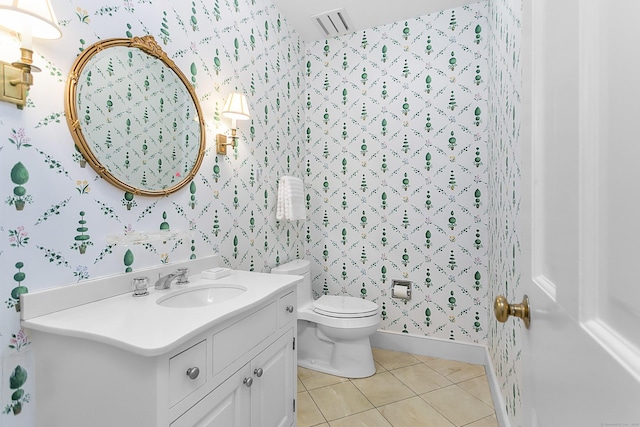 91 Open Gate Ln, Fairfield, CT 06890 - half bath featuring tile patterned flooring, wallpapered walls, vanity, toilet, and baseboards