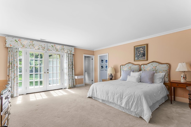 91 Open Gate Ln, Fairfield, CT 06890 - carpeted bedroom featuring ornamental molding, access to exterior, french doors, and baseboards