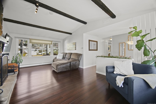 living area with visible vents, lofted ceiling with beams, hardwood / wood-style floors, a baseboard radiator, and baseboards