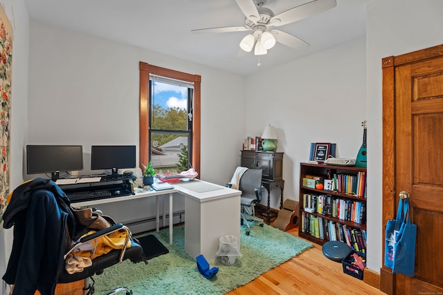 office with ceiling fan, hardwood / wood-style flooring, and a baseboard heating unit