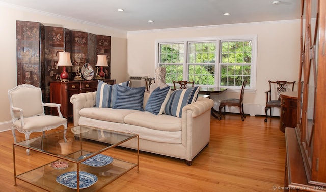 living room with ornamental molding and light hardwood / wood-style floors