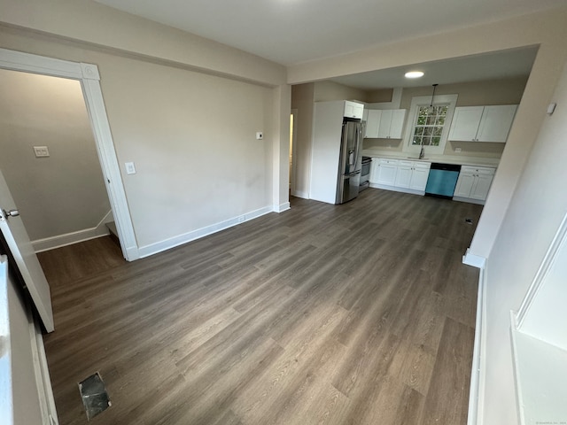 unfurnished living room featuring dark hardwood / wood-style flooring and sink