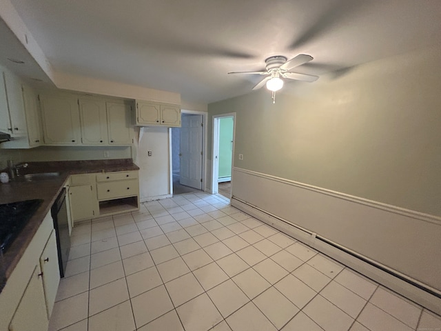 kitchen featuring dishwasher, ceiling fan, light tile patterned flooring, and sink