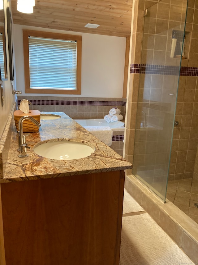 bathroom featuring walk in shower, vanity, and wood ceiling