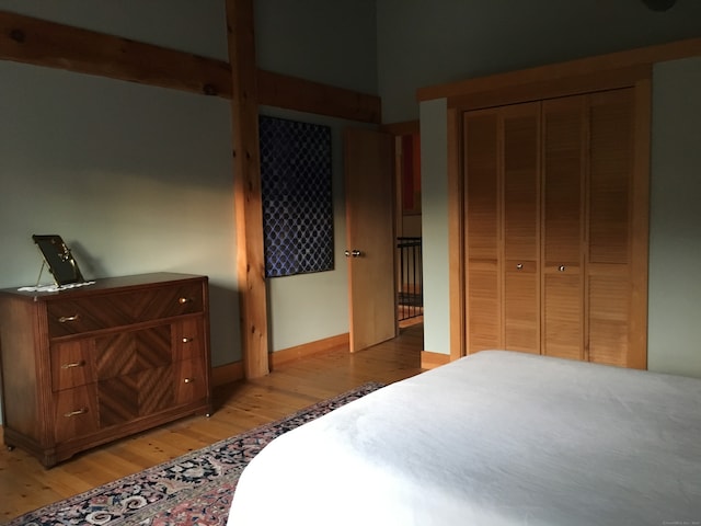 bedroom with a closet and light hardwood / wood-style flooring