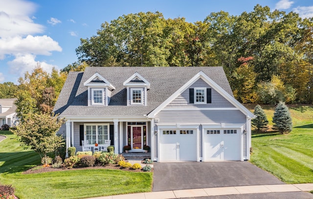 view of front of home with a front yard, covered porch, and a garage