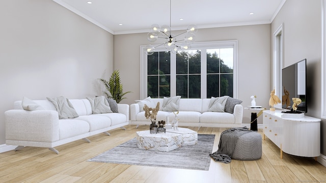 living room featuring ornamental molding, a chandelier, and light hardwood / wood-style floors