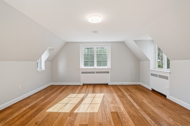 additional living space with radiator heating unit, a healthy amount of sunlight, and hardwood / wood-style floors