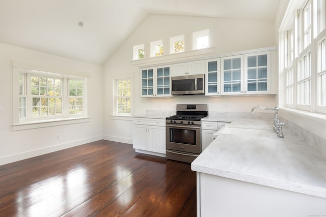 kitchen featuring sink, dark wood-type flooring, high vaulted ceiling, white cabinetry, and stainless steel appliances