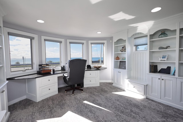 carpeted office space with a water view and built in desk