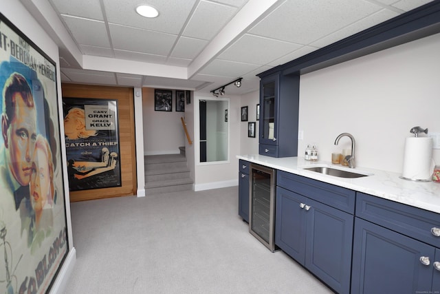 372 Maple Ave, Old Saybrook, CT 06475 - indoor bar with beverage cooler, light carpet, a paneled ceiling, and stairway
