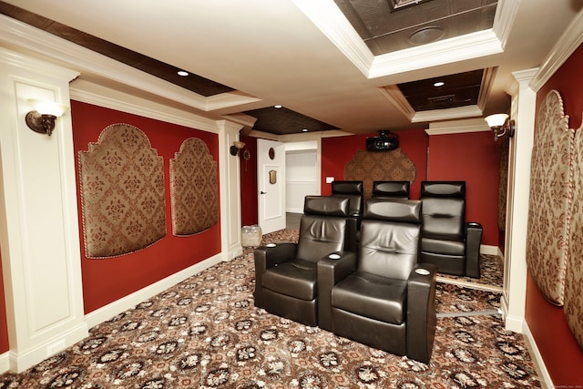 372 Maple Ave, Old Saybrook, CT 06475 - home theater room with a raised ceiling, crown molding, ornate columns, and carpet