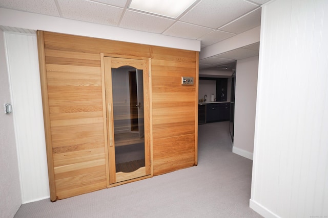 view of sauna featuring carpet floors