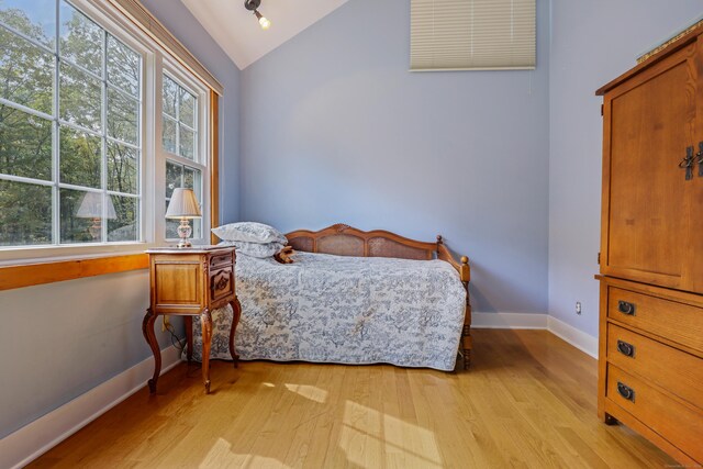 bedroom featuring light hardwood / wood-style flooring and lofted ceiling