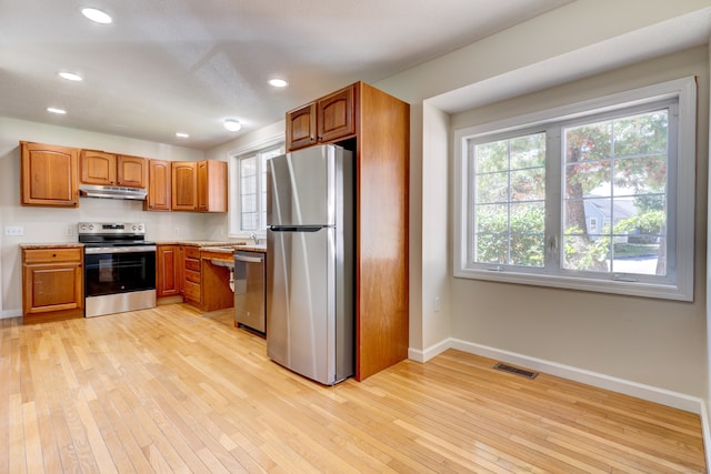 kitchen featuring stainless steel appliances and light hardwood / wood-style flooring