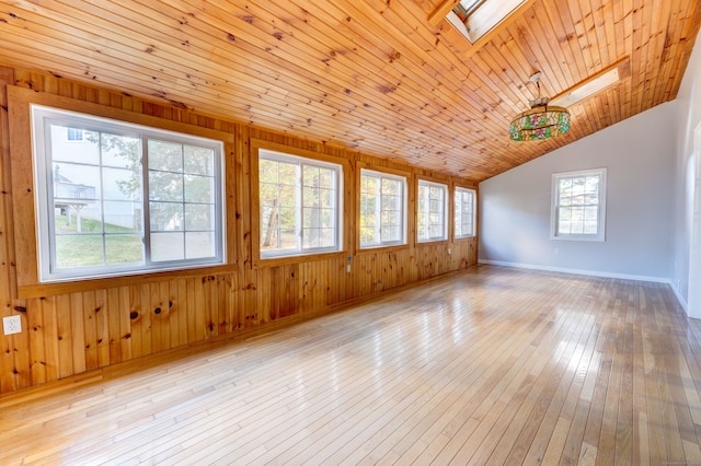 empty room featuring light hardwood / wood-style flooring, wood walls, lofted ceiling with skylight, and a healthy amount of sunlight