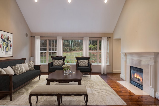 living room with a premium fireplace, hardwood / wood-style floors, and high vaulted ceiling