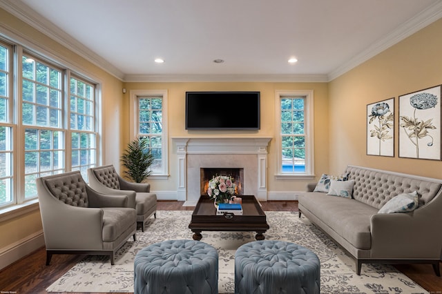 living room with hardwood / wood-style floors and crown molding