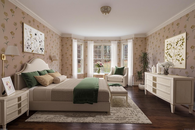 bedroom with dark wood-type flooring and crown molding