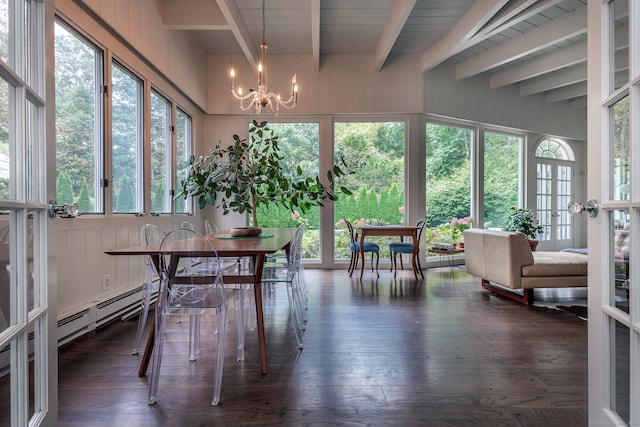 sunroom / solarium with a chandelier, beam ceiling, and a wealth of natural light