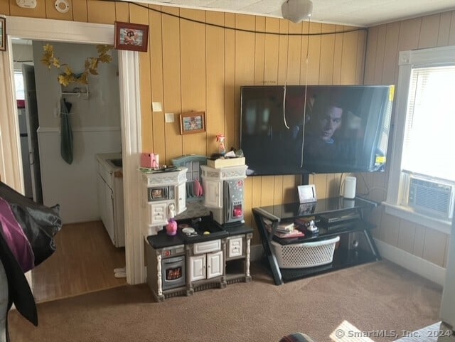 kitchen featuring wooden walls, carpet floors, and cooling unit