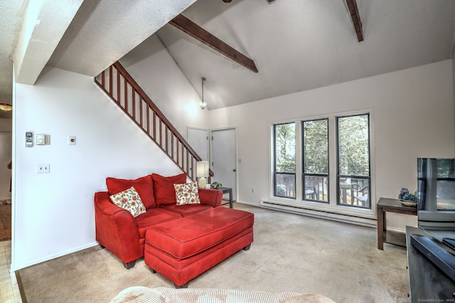 living room featuring carpet, baseboard heating, beam ceiling, high vaulted ceiling, and a textured ceiling