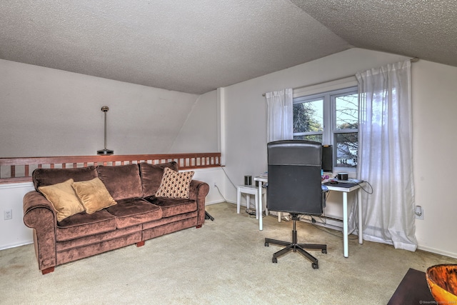 carpeted office with vaulted ceiling and a textured ceiling