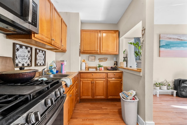 kitchen with appliances with stainless steel finishes, light wood-type flooring, and sink