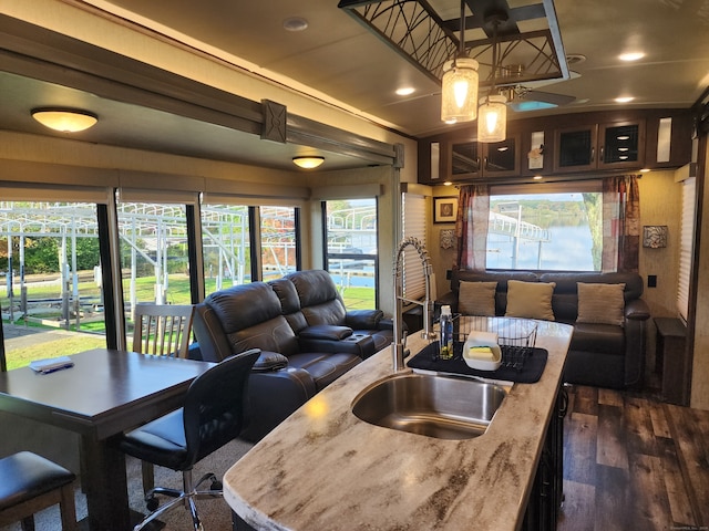 kitchen with dark brown cabinets, dark wood-type flooring, sink, and a healthy amount of sunlight