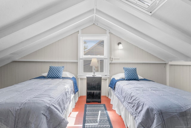 bedroom featuring hardwood / wood-style floors, wooden walls, and vaulted ceiling