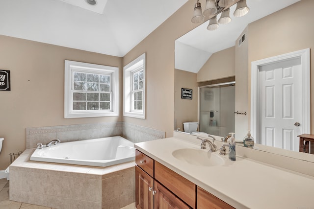 full bathroom featuring vanity, independent shower and bath, tile patterned flooring, toilet, and lofted ceiling