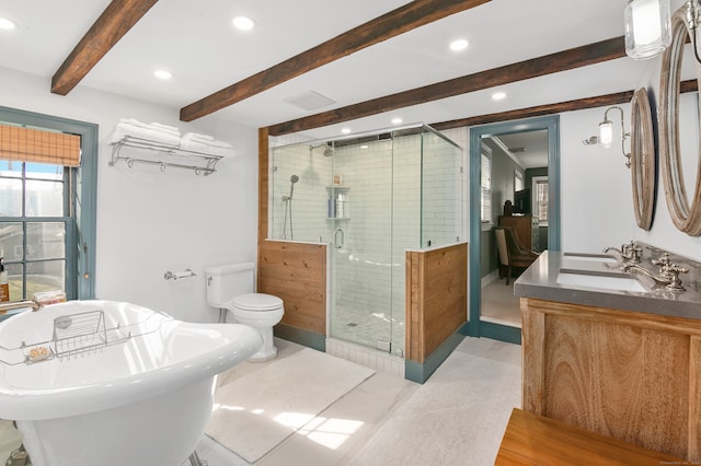 full bathroom with independent shower and bath, vanity, beam ceiling, and toilet