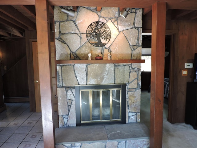 details with a stone fireplace and wood walls