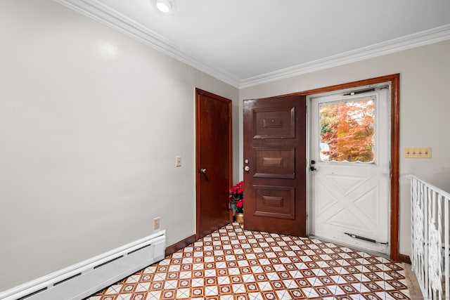 doorway with a baseboard radiator and ornamental molding