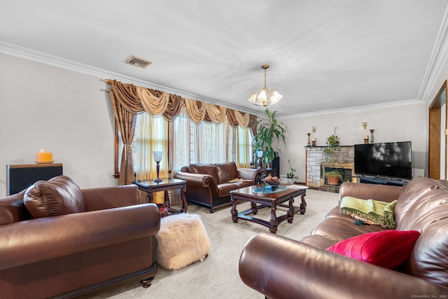 living room with a stone fireplace, crown molding, a chandelier, and light carpet