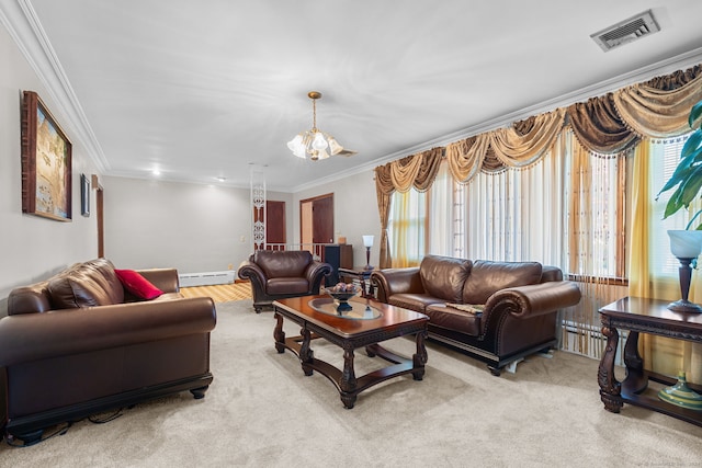 carpeted living room with crown molding, a chandelier, and a baseboard radiator