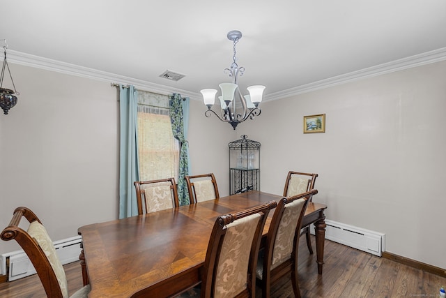 dining room featuring ornamental molding, dark wood-type flooring, an inviting chandelier, and baseboard heating