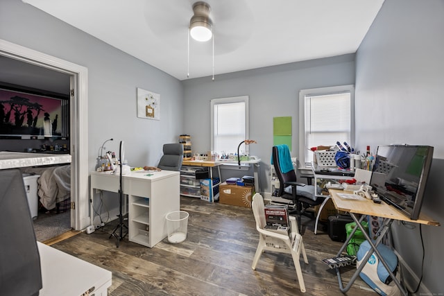 office with ceiling fan and dark wood-type flooring