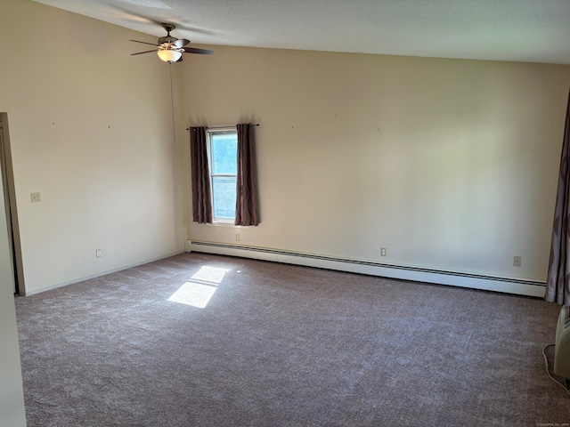 empty room with ceiling fan, baseboard heating, carpet floors, and a textured ceiling