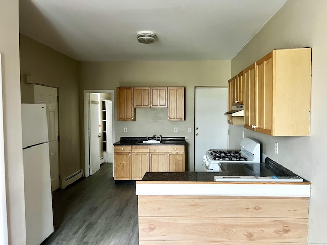 kitchen featuring sink, light brown cabinets, a baseboard radiator, dark hardwood / wood-style floors, and white appliances