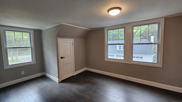 bonus room with lofted ceiling, dark hardwood / wood-style flooring, and a wealth of natural light