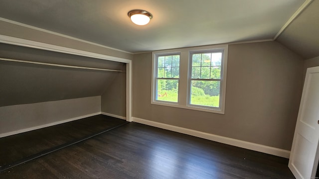 bonus room with lofted ceiling and dark wood-type flooring