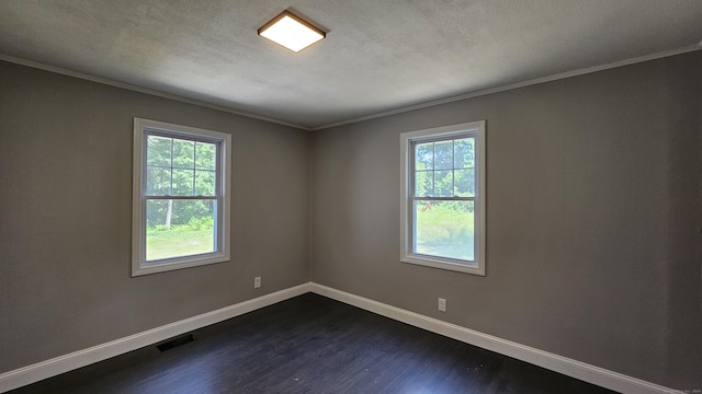 107 N Hollow Rd, Hartland, CT 06027 - unfurnished room with crown molding, dark wood finished floors, baseboards, and a textured ceiling
