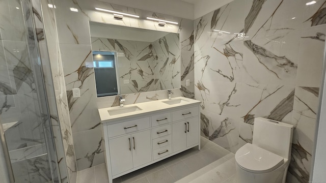 107 N Hollow Rd, Hartland, CT 06027 - bathroom featuring double vanity, a marble finish shower, and toilet
