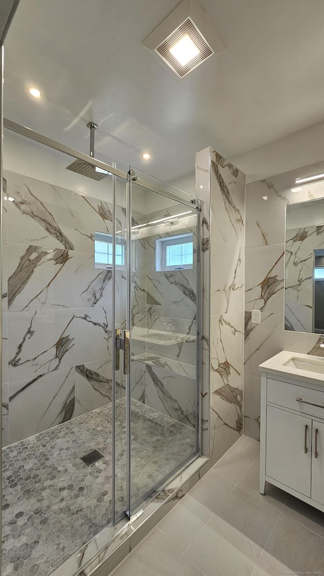 107 N Hollow Rd, Hartland, CT 06027 - bathroom featuring a marble finish shower, vanity, and recessed lighting
